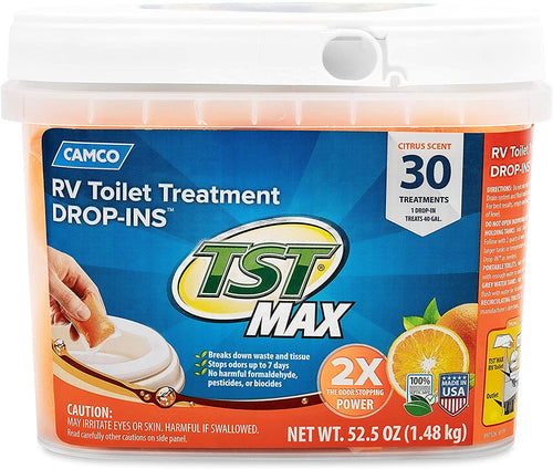 Camco TST Ultra-Concentrated Orange Citrus Scent RV Toilet Treatment Drop-Ins, Formaldehyde Free, Breaks Down Waste And Tissue, Septic Tank Safe, 30-Pack (41183)