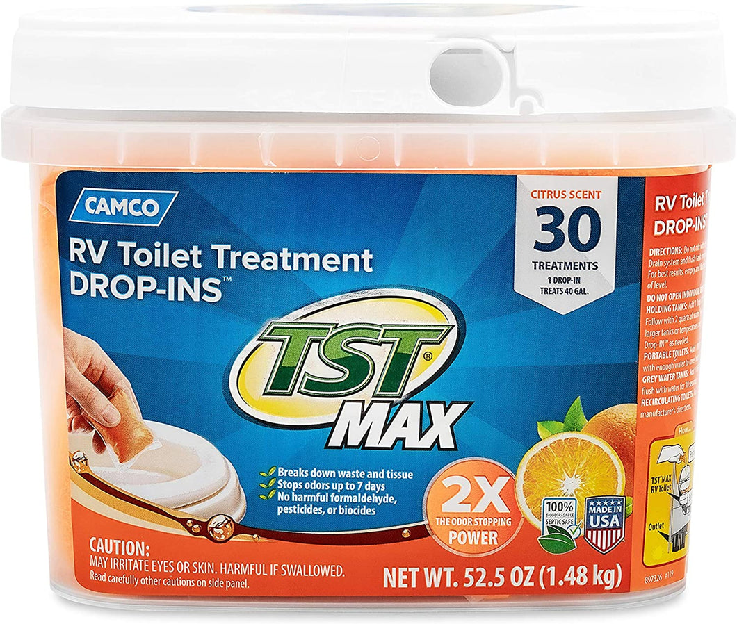 Camco TST Ultra-Concentrated Orange Citrus Scent RV Toilet Treatment Drop-Ins, Formaldehyde Free, Breaks Down Waste And Tissue, Septic Tank Safe, 30-Pack (41183)