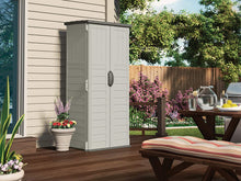 Load image into Gallery viewer, Suncast Vertical Outdoor Storage Shed for Backyards and Patios 20 Cubic ft Capacity for Tools and Garden Accessories, 22 cu, Vanilla and Stoney