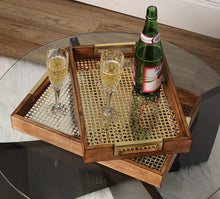 Load image into Gallery viewer, Kate and Laurel Hanneli Modern Glam Set of 2 Decorative Wood Nesting Trays in Walnut Finish with Gold Perforated Metal Base and Handles