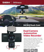 Load image into Gallery viewer, Uniden DC360 iWitness Dual-Camera Automotive Dashcam Video Recorder, G-sensor with Collision Detection and Parking mode Automatically Starts Recording