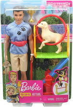 Load image into Gallery viewer, Ken Dog Trainer Playset with Doll, 2 Dog Figures, Hoop Ring, Balance Bar, Jumping Bar, Trophy and 2 Winner Ribbon