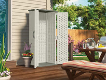 Load image into Gallery viewer, Suncast Vertical Outdoor Storage Shed for Backyards and Patios 20 Cubic ft Capacity for Tools and Garden Accessories, 22 cu, Vanilla and Stoney