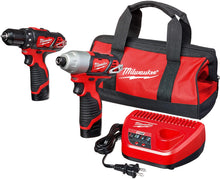 Load image into Gallery viewer, Milwaukee 2494-22 M12 Cordless Combination 3/8" Drill / Driver and 1/4" Hex Impact Driver Dual Power Tool Kit (2 Lithium Ion Batteries, Charger, and Bag Included)