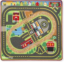 Load image into Gallery viewer, Melissa &amp; Doug Deluxe Multi-Vehicle Activity Rug (39.5" x 36.5") - 19 Vehicles, 12 Wooden Signs, Train Tracks