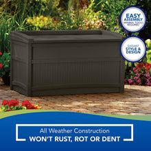 Load image into Gallery viewer, Suncast 50-Gallon Medium Deck Box - Lightweight Resin Indoor/Outdoor Storage Container and Seat for Patio Cushions and Gardening Tools - Store Items on Patio, Garage, Yard - Java