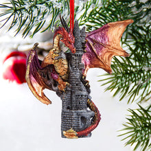 Load image into Gallery viewer, Christmas Tree Ornaments - Zanzibar the Gothic Dragon on Castle Holiday Ornament - Dragon Statue