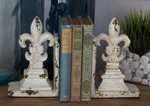 Load image into Gallery viewer, Distressed White Fleur de Lis Bookends, Pair: 5.5&quot; x 9&quot; Each
