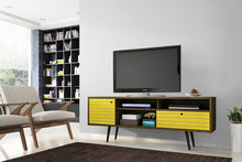 Load image into Gallery viewer, Manhattan Comfort Liberty Collection Mid Century Modern TV Stand With Three Shelves, One Cabinet and One Drawer With Splayed Legs, Yellow/Wood