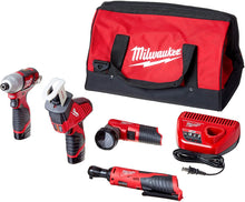 Load image into Gallery viewer, Milwaukee 2498-25 M12 12-Volt Lithium-Ion Cordless Combo Kit (5-Tool) with (2) 1.5Ah Batteries, Charger and Tool Bag