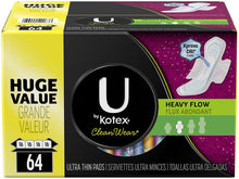 Load image into Gallery viewer, U by Kotex CleanWear Ultra Thin Pads with Wings, Heavy Flow, Unscented, 64 Count