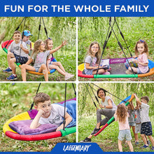 Load image into Gallery viewer, 60 Inch Platform Tree Swing for Kids and Adults – Giant Flying Outdoor Indoor Saucer Hammock – Large Surf Tire Swingset Accessories Toys - 2 Straps, 2 Carabiners, 1 Swivel - 600 Lbs Yard Swings Set