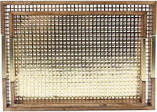 Load image into Gallery viewer, Kate and Laurel Hanneli Modern Glam Set of 2 Decorative Wood Nesting Trays in Walnut Finish with Gold Perforated Metal Base and Handles