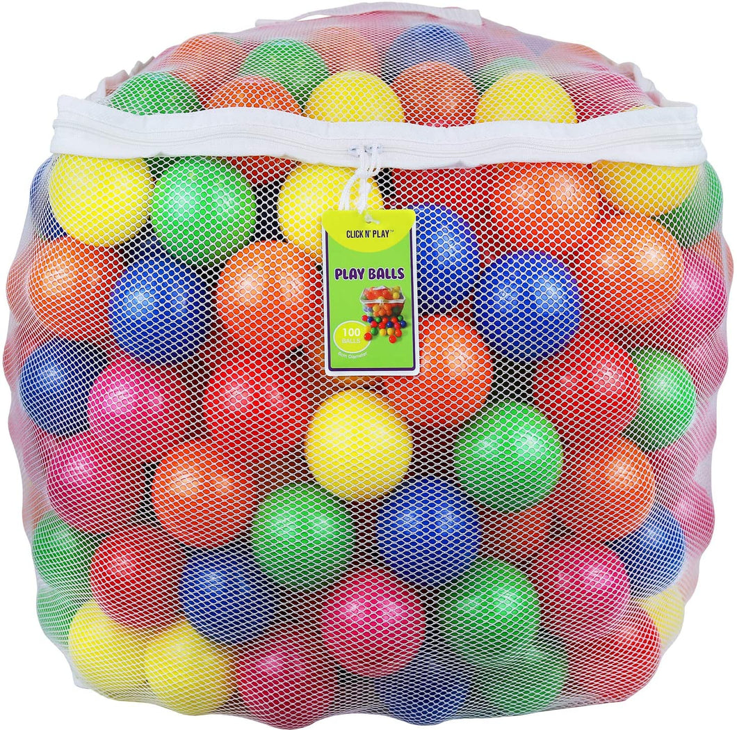 Click N' Play Pack of 100 Phthalate Free BPA Free Crush Proof Plastic Ball, Pit Balls - 6 Bright Colors in Reusable and Durable Storage Mesh Bag with Zipper