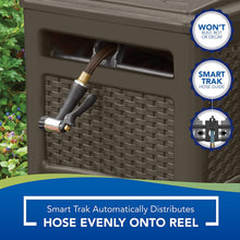 Load image into Gallery viewer, Suncast Resin 225 ft Hideaway Outdoor Storage Reel with Crank Handle, Lid, and Slide Trak Guide 225' Hose Capacity, Durable, Java