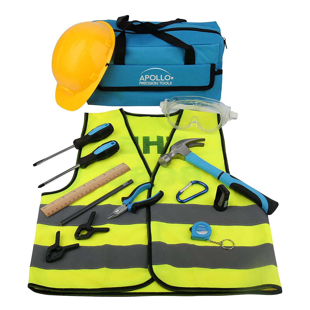 Apollo Tools DT4936 14 Piece Children's First Tool Kit with Real Hand Tools and Safety Goggles, Play-Work Hat and Reflecting Vest - All in a Convenient Storage Bag