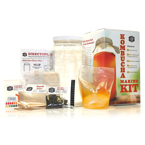 Home Craft Works Kombucha Brewing Kit Includes Organic Kombucha Scoby, Glass Brew Jar, Organic Loose Leaf Tea, Temperature Gauge, Organic Sugar, pH strips, cotton tea bag, and organic cotton cover