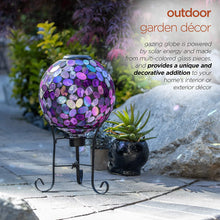 Load image into Gallery viewer, Alpine Corporation Outdoor Solar Powered Pink Glass Mosaic Gazing Globe with LED Lights and Metal Stand, Violet
