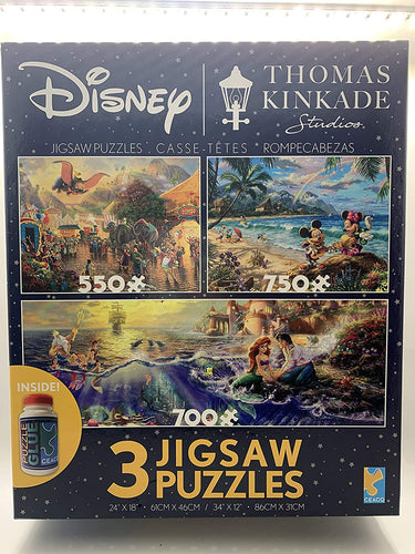Disney Ceaco Thomas Kincaid 3 Jigsaw Puzzles and a Bottle of Puzzle Glue - Dumbo, Mickey and Minney on Beach and Little Mermaid