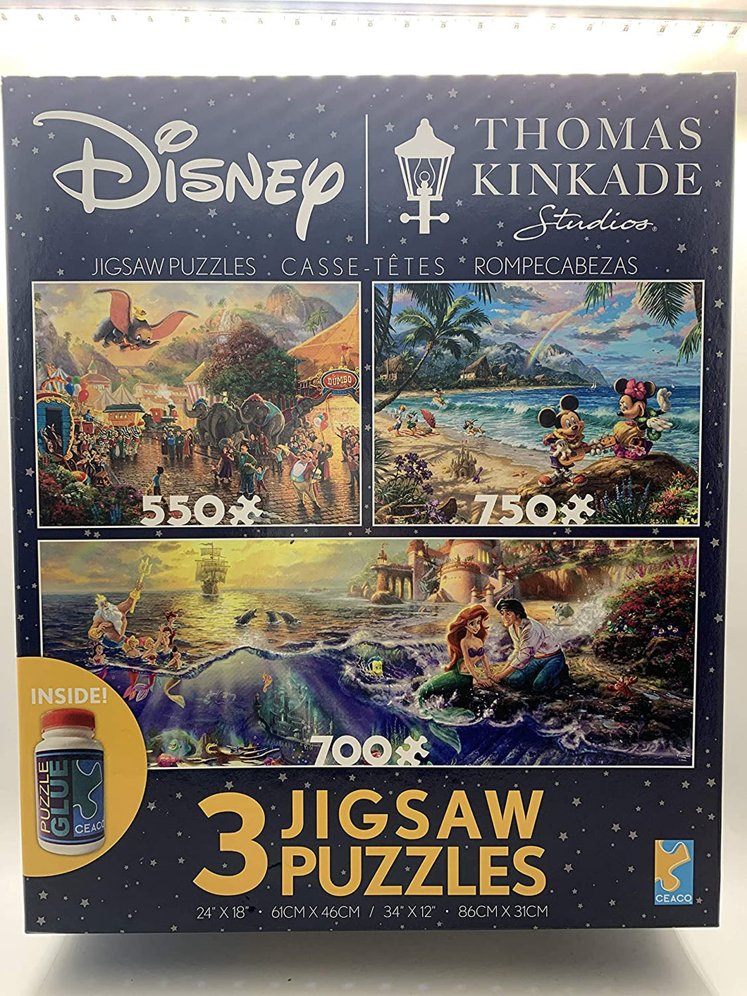 Disney Ceaco Thomas Kincaid 3 Jigsaw Puzzles and a Bottle of Puzzle Glue - Dumbo, Mickey and Minney on Beach and Little Mermaid