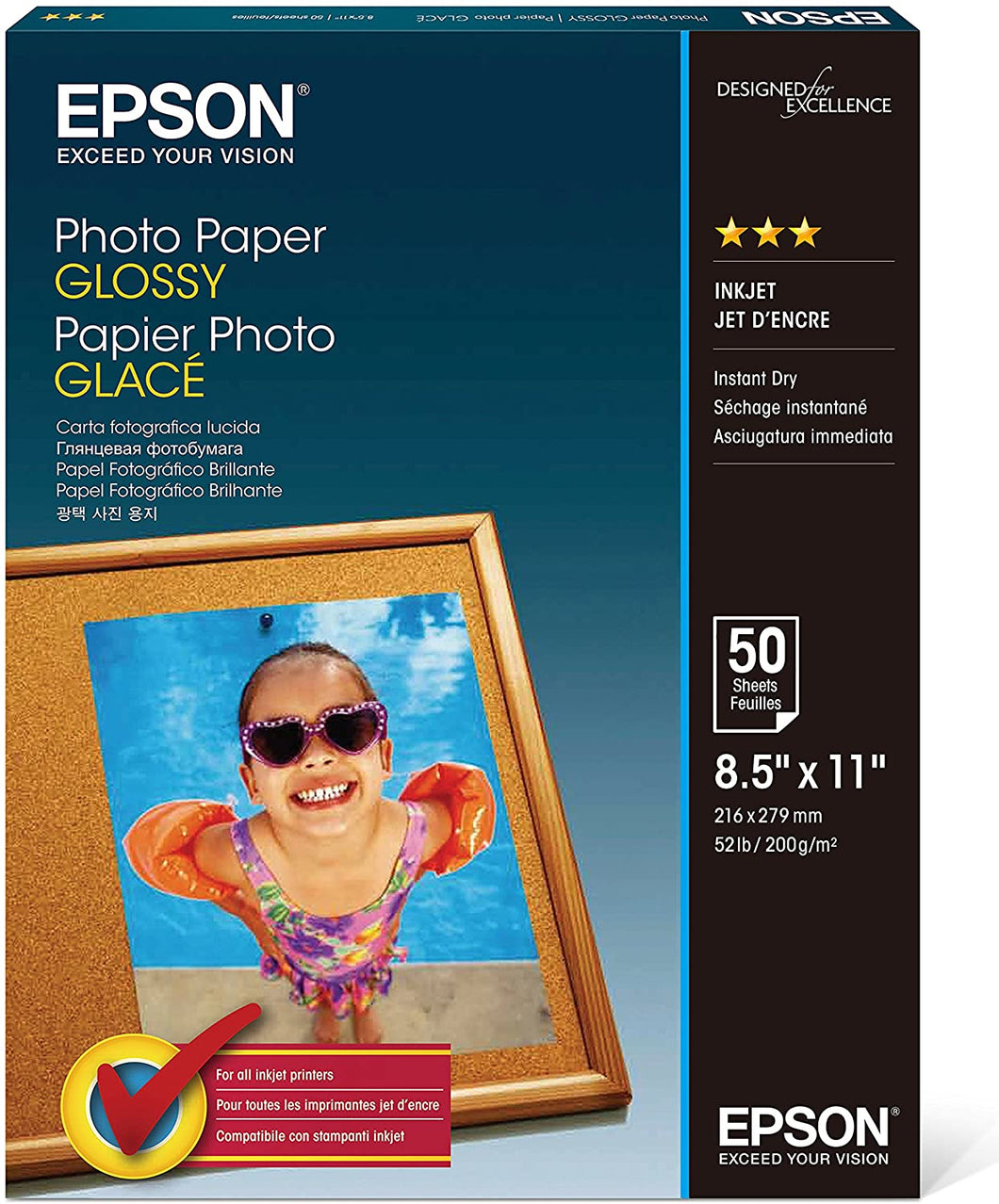 Epson S041649 Glossy Photo Paper, 52 lbs., Glossy, 8-1/2 x 11 (Pack of 50 Sheets)