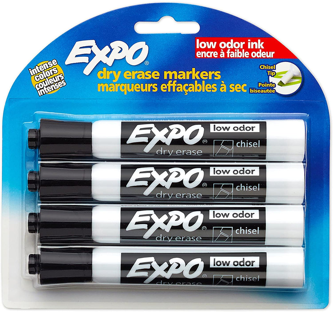 EXPO 80661 Low-Odor Dry Erase Markers, Chisel Tip, Black, 4-Count