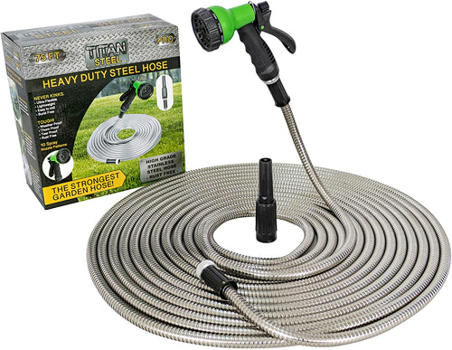 JAHRSTIM Titan Steel Strong Heavy-Duty Steel Metal Hose with 10 Nozzle Settings, Durable Rubber Gaskets and Tear Resistant, 3/4