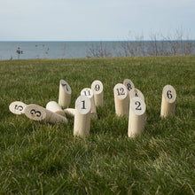 Load image into Gallery viewer, Hey! Play! Wooden Throwing Game-Complete Set, 12 Numbered Pins, Throwing Dowel, Carrying Crate-Outdoor Lawn Games For Adults and Kids