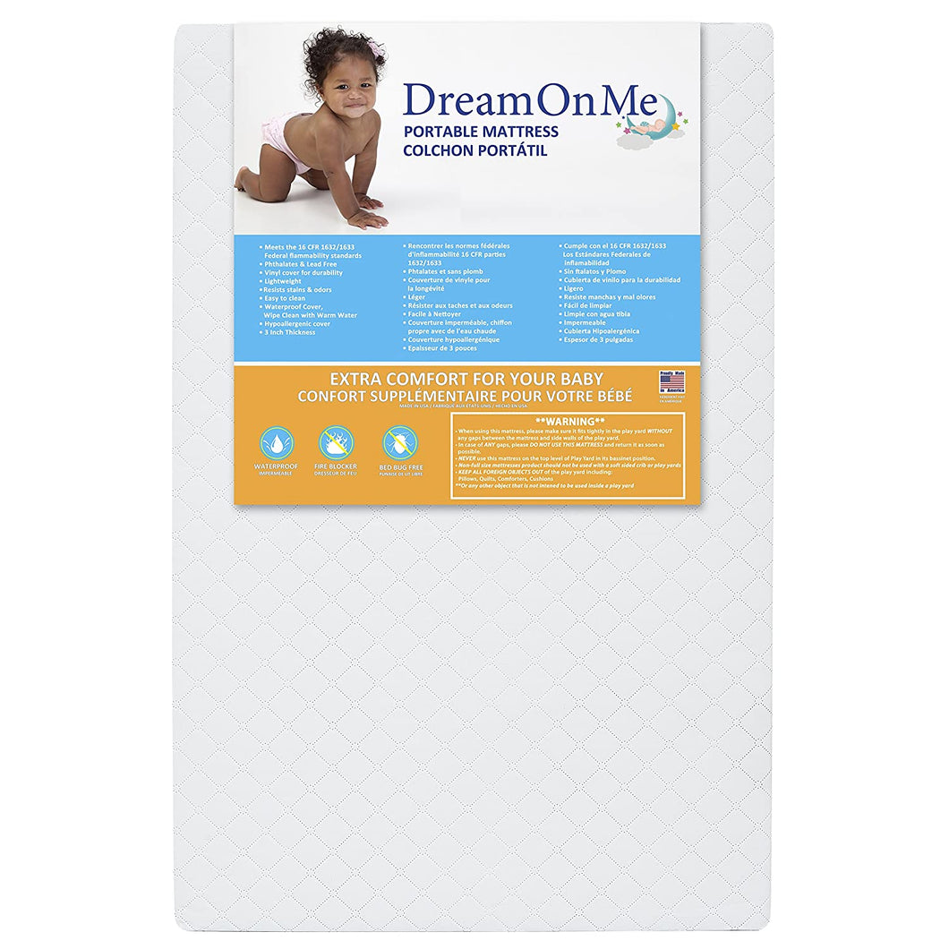 Dream On Me, Sunset 3” Extra Firm Fiber Portable Crib Mattress I Waterproof I Green Guard Gold Certified I 10 Years Manufacture Warranty I Vinyl Cover I Made In The U.S.A I Mini Crib Mattress