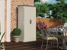 Load image into Gallery viewer, Suncast Vertical Outdoor Storage Shed for Backyards and Patios 20 Cubic ft Capacity for Tools and Garden Accessories, 22 cu, Vanilla and Stoney