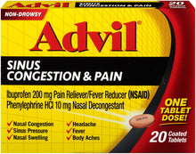 Load image into Gallery viewer, Advil Sinus Congestion &amp; Pain Relief (20 Count Packets), Non-Drowsy, 200mg Ibuprofen Pain Reliever/Fever &amp; Nasal Decongestant, One Tablet Dose