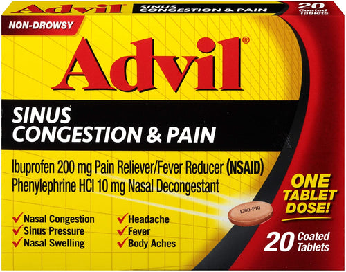 Advil Sinus Congestion & Pain Relief (20 Count Packets), Non-Drowsy, 200mg Ibuprofen Pain Reliever/Fever & Nasal Decongestant, One Tablet Dose