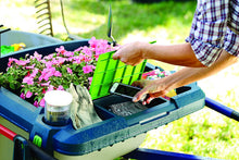 Load image into Gallery viewer, Original Little Burro, USA made lawn/garden tray for all 4-6 cu. ft. wheelbarrows. Holds rake, shovel, short handle tools, drinks &amp; water tight storage for phone. Wheelbarrow not included. Great gift!
