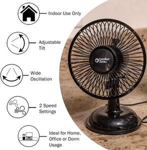 Comfort Zone Oscillating Desk Fan, Black
