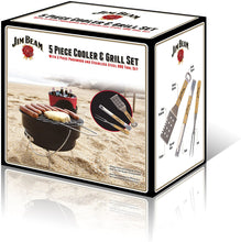 Load image into Gallery viewer, Jim Beam 5 Piece Parawood and Stainless Steel BBQ set with insulated cooler, sporting an exterior storage pocket and adjustable shoulder strap for easy portability