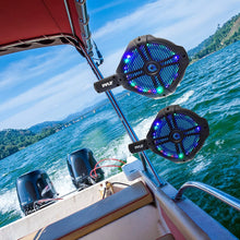 Load image into Gallery viewer, Waterproof Marine Wakeboard Tower Speakers - 8in Dual Subwoofer Speaker Set and 1” Tweeter, LED Lights and 260 Watt Power - 2-way Boat Audio System with Mounting Bracket - 1 Pair - PLMRWB85LEB (Black)