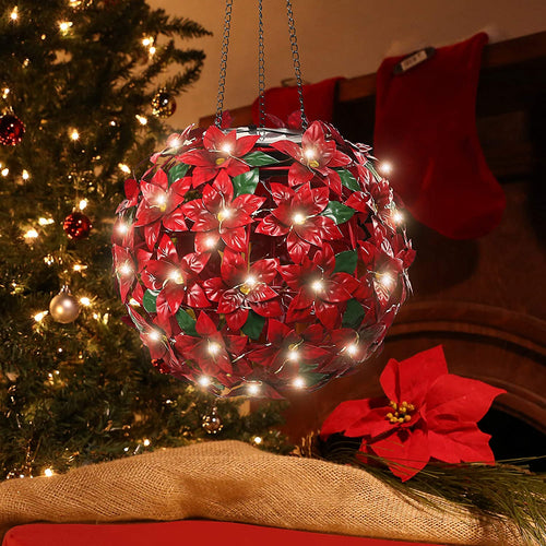 Alpine Corporation QLP924SLR-RD Solar Christmas Hanging Poinsettia Ornament with LED Light Indoor and Outdoor Festive Holiday Décor, 8-Inch, Red
