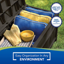 Load image into Gallery viewer, Suncast 50-Gallon Medium Deck Box - Lightweight Resin Indoor/Outdoor Storage Container and Seat for Patio Cushions and Gardening Tools - Store Items on Patio, Garage, Yard - Java
