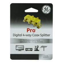 Load image into Gallery viewer, GE Pro Digital 4-Way Coaxial Splitter, Works with HDTV, Amplifiers, Amplified Antennas, RG6 Coax Compatible, 5-2500 MHZ Range, Corrosion Resistant, Gold Plated Connectors, 33527