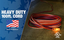 Load image into Gallery viewer, Southwire 2549SWUSA1 100-Feet, Contractor Grade, 12/3 Extension Cord, With Lighted End; Red White And Blue, American Made Extension Cord, Indoor and Outdoor Use, Water Resistant Flexible Jacket