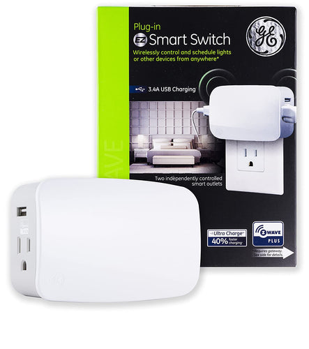 GE Enbrighten Z-Wave Plus Smart Plug with 2 USB Ports (3.4A Shared), 2 Individually Controlled Outlets, On/Off Switch, Zwave Hub Required, Works with SmartThings Wink & Alexa, 28177, White