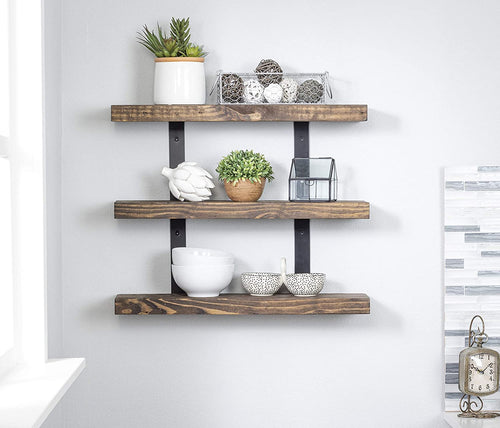 Del Hutson Designs Industrial Metal Bracket Three-Tier Natural Wood Floating Shelf Set Rustic Farmhouse Kitchen, Bath, Laundry, Dorm