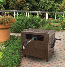 Load image into Gallery viewer, Suncast Resin Wicker Outdoor Hose Hideaway with Hose Guide - Durable Hose Storage Reel with Crank Handle, Slide Trak Hose Guide, and Garden Accessory Storage - 225' Hose Capacity - Java
