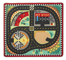 Load image into Gallery viewer, Melissa &amp; Doug Round the Speedway Race Track Rug With 4 Race Cars (39 x 36 inches)