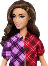 Load image into Gallery viewer, Barbie Fashionistas Doll with Long Brunette Hair Wearing Color-Blocked Plaid Dress and Accessories, for 3 to 8 Year Olds