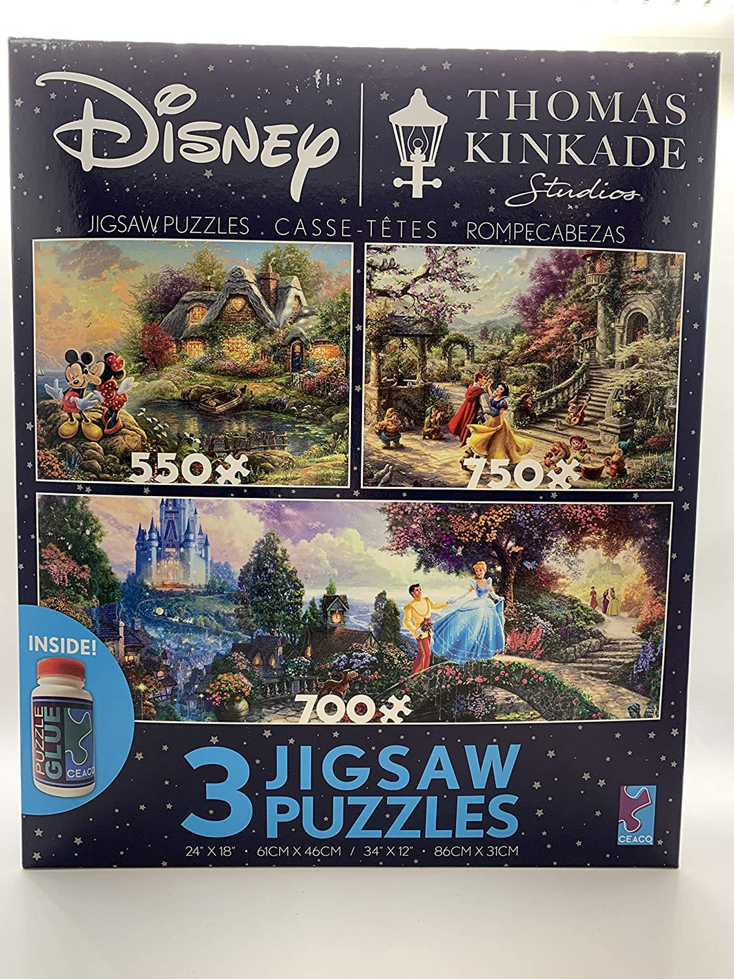Disney Thomas Kincade 3 Jigsaw Puzzles Plus Puzzle Glue