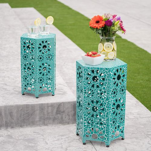 Functional,Stylish and Elegant Marshall Outdoor 12 Inch and 14 Inch Sunburst Iron Side Table Set, Crackle Teal,Adds Color to Your Patio and Backyard