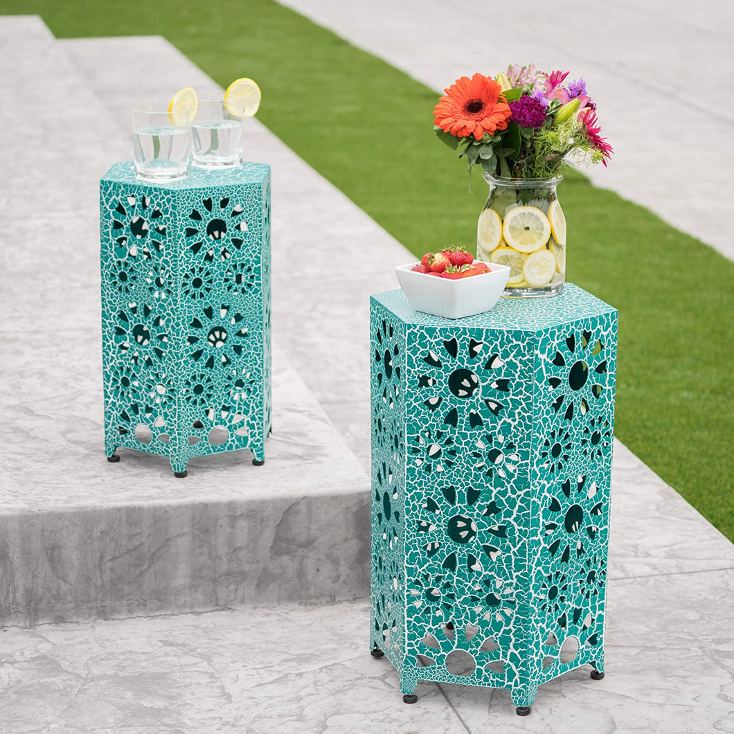 Functional,Stylish and Elegant Marshall Outdoor 12 Inch and 14 Inch Sunburst Iron Side Table Set, Crackle Teal,Adds Color to Your Patio and Backyard