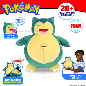 Pokemon Snooze Action Snorlax Plush, 10 Plush Toy - Features Over 20 Authentic Snorlax Sounds, with 2 Modes of Play: Asleep & Awake, Plus Vibrating Belly - Eats Pecha Berry (Included)
