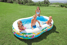 Load image into Gallery viewer, Kids-Inflatable-Pool. This Small Portable Kiddie Blow Up Above Ground Swimming Pool is Great for Children, Toddlers to Have Outdoor Water Fun with Floats, Toys. Paradise Lagoon Lounge.